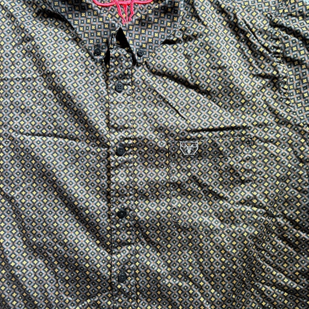 Platini Shirt Men's XL Brown Geometric Cotton Button Front Pocket Logo Western